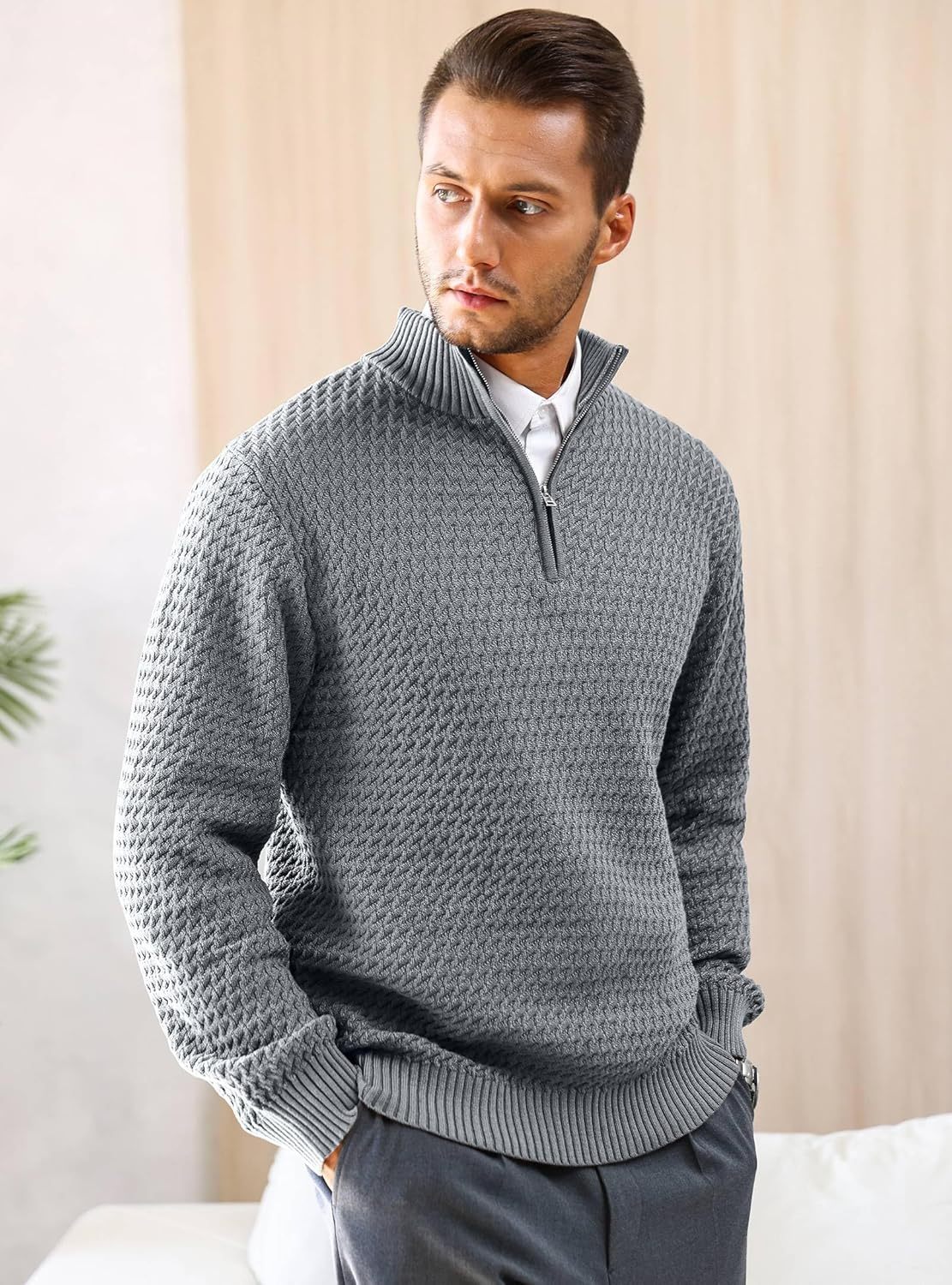 Men's Quarter Zip Sweater Mock Neck Pullover Ribbed Knit Casual Polo Sweaters-tidenox