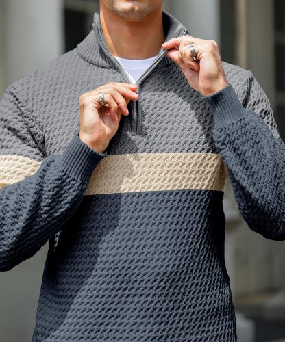 Men's Quarter Zip Sweater Mock Neck Pullover Ribbed Knit Casual Polo Sweaters-tidenox