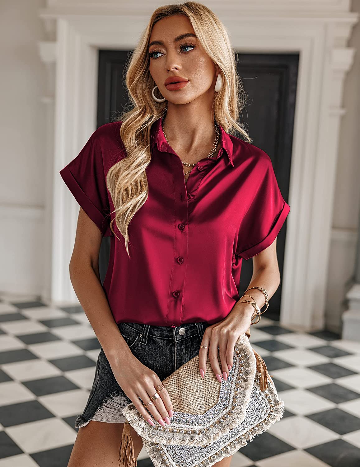 Silk Blouse for Women Short Sleeve Satin Button Down Shirts Casual Loose V-Neck Business Work Tunic Top - Zeagoo (Us Only)-tidenox