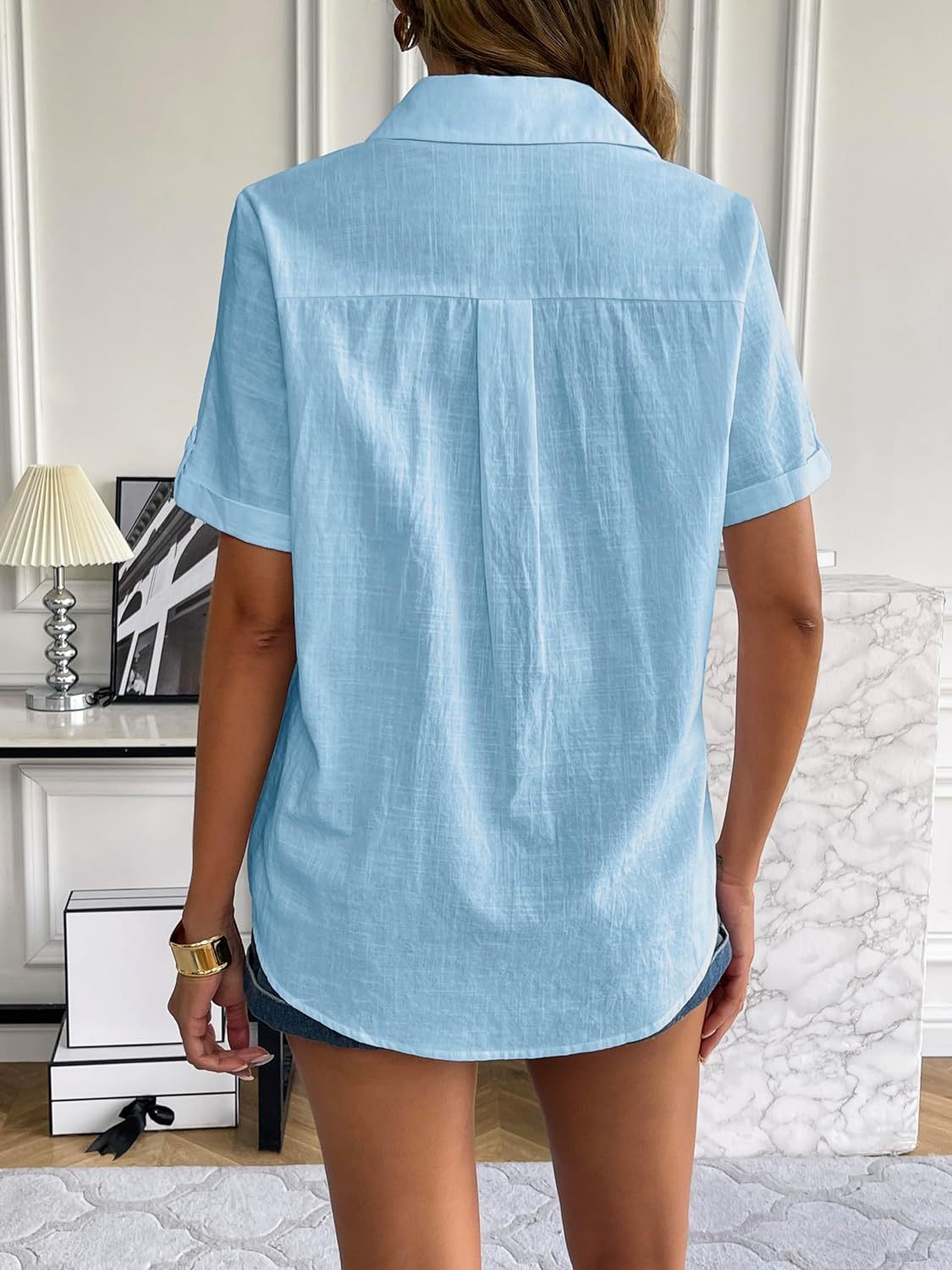 Zeagoo Women Linen Button Down Shirt Rolled Cuffed Short Sleeve Blouse Ladies Summer Casual V Neck Beach Cotton Tops-tidenox