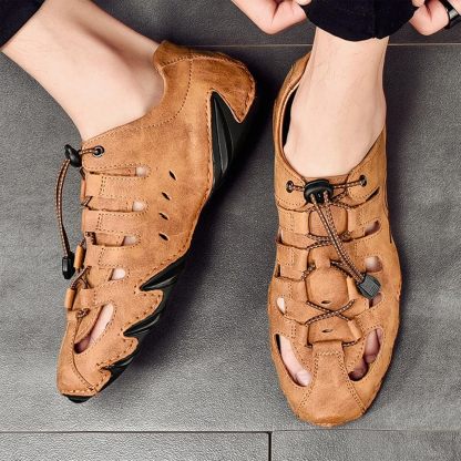  Men's Closed Toe Outdoor Leather Sandals Lightweight Adjustable Trail Hiking Walking Athletic Sandals Summer Casual Beach 