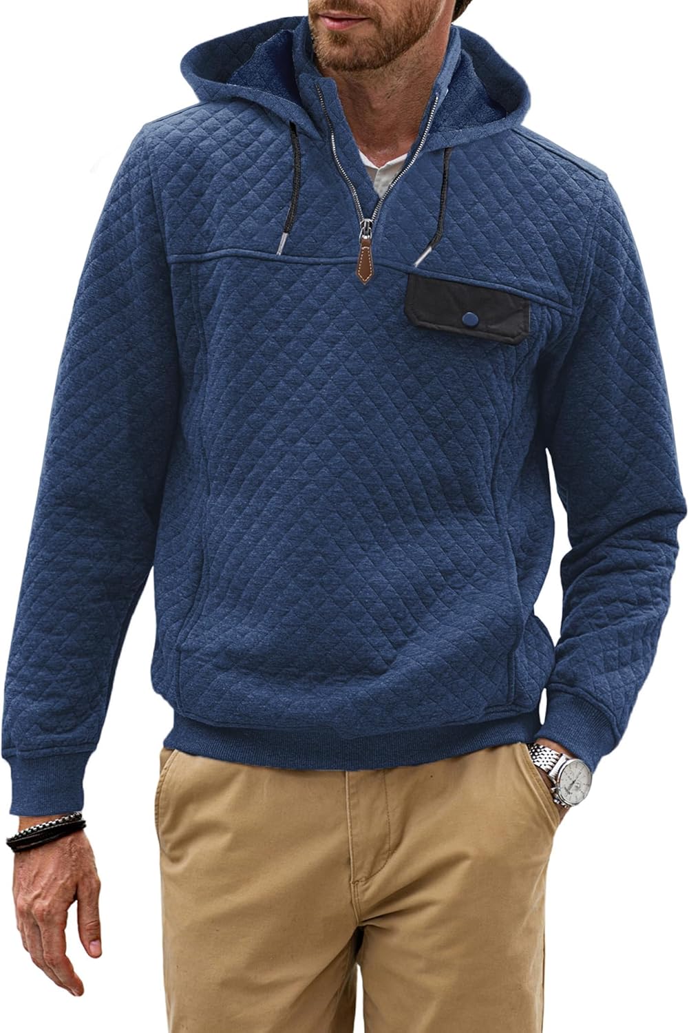 Men's Quilted Hoodies Casual Long Sleeve Quarter-Zip Pullover Sweatshirt with Pockets-tidenox