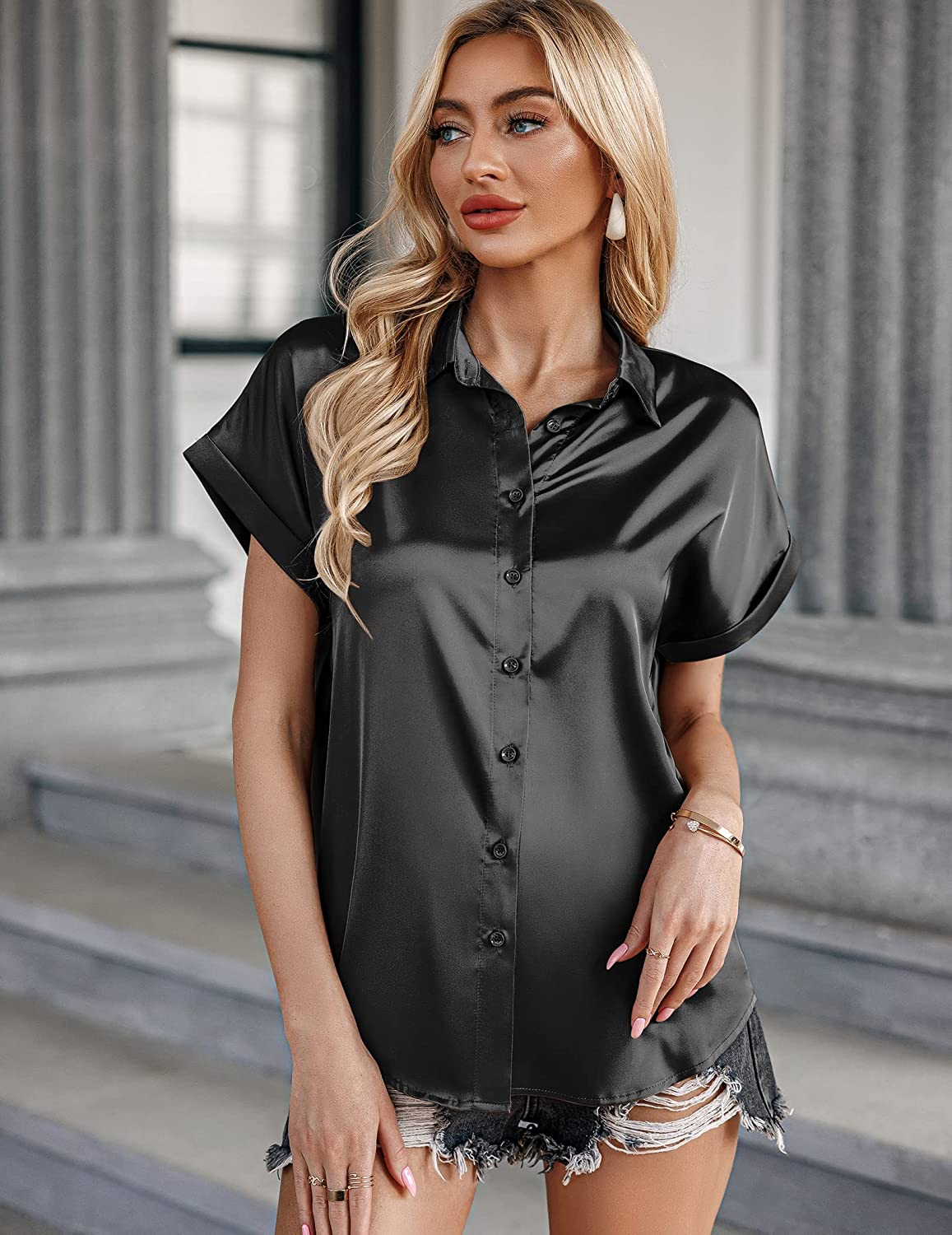 Silk Blouse for Women Short Sleeve Satin Button Down Shirts Casual Loose V-Neck Business Work Tunic Top - Zeagoo (Us Only)-tidenox