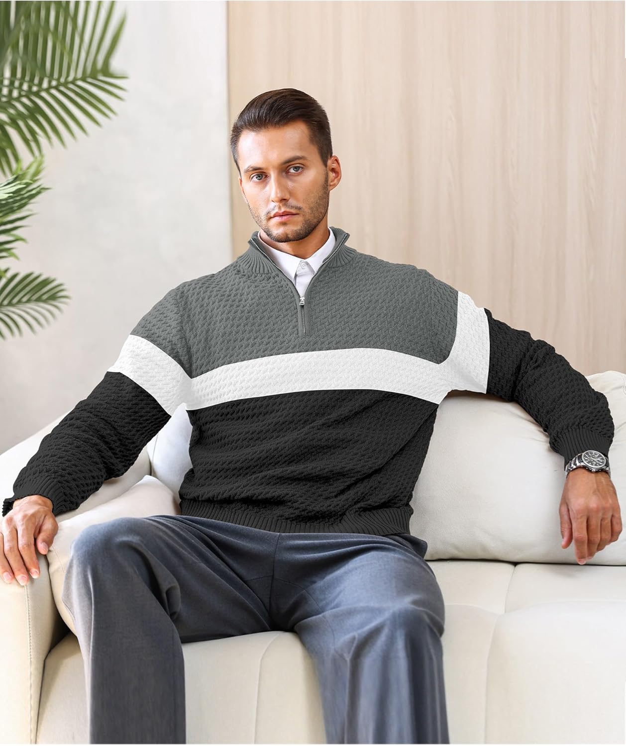 Men's Quarter Zip Sweater Mock Neck Pullover Ribbed Knit Casual Polo Sweaters-tidenox