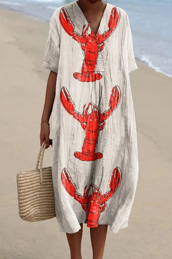 Unique Marine Print V-neck Short-sleeved Midi Dress-tidenox