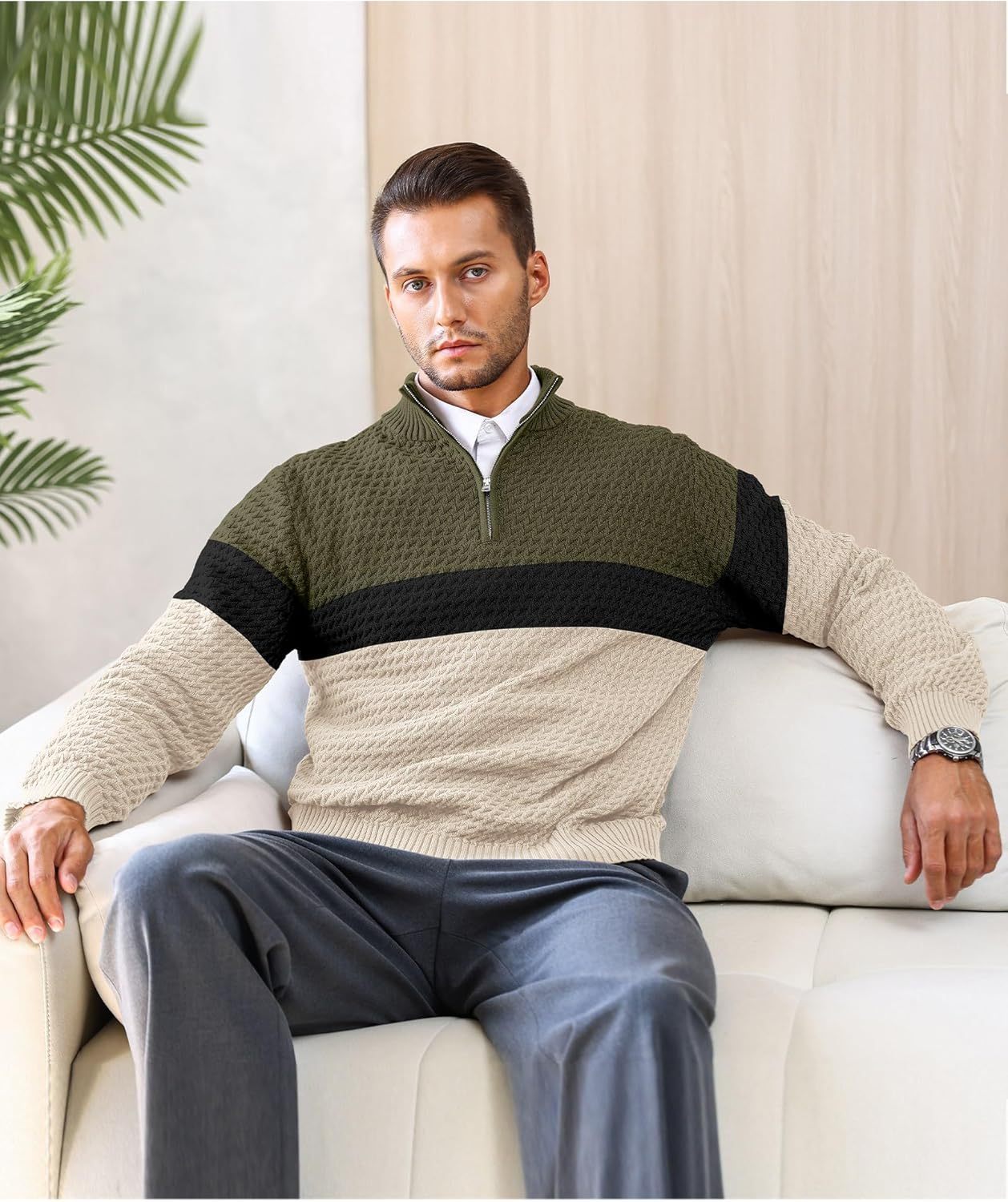 Men's Quarter Zip Sweater Mock Neck Pullover Ribbed Knit Casual Polo Sweaters-tidenox