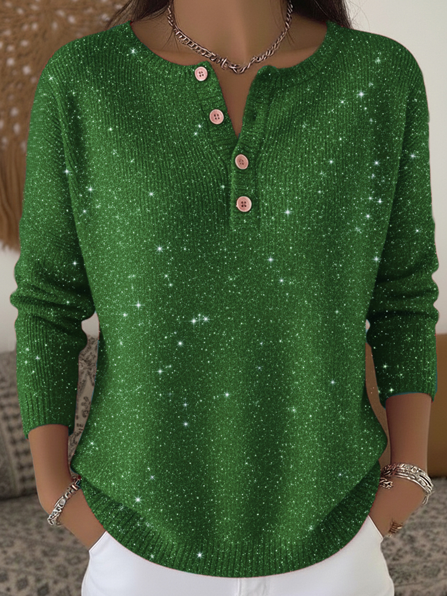 Women's Shiny Henley Neck Solid Color Sweater Top-tidenox