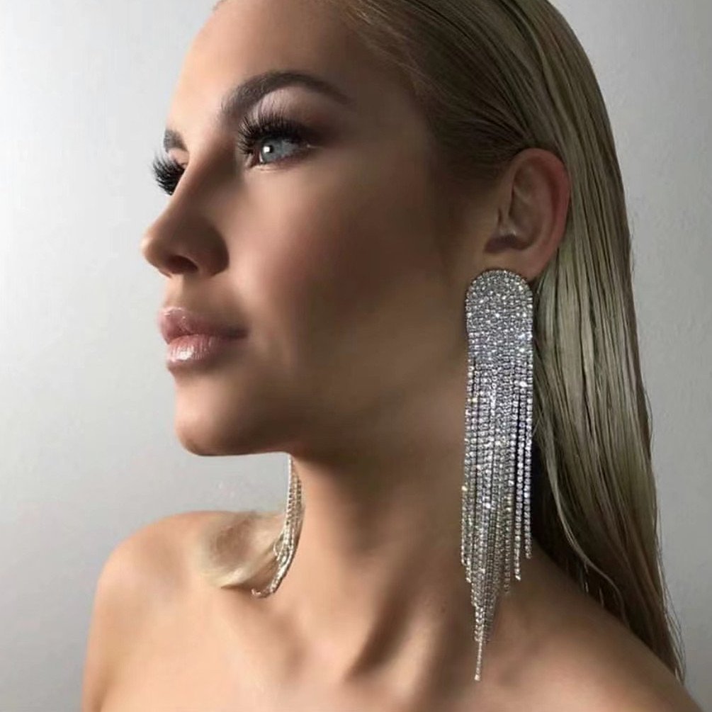Super Sparkling Rhinestone Long Fringe Earrings-tidenox