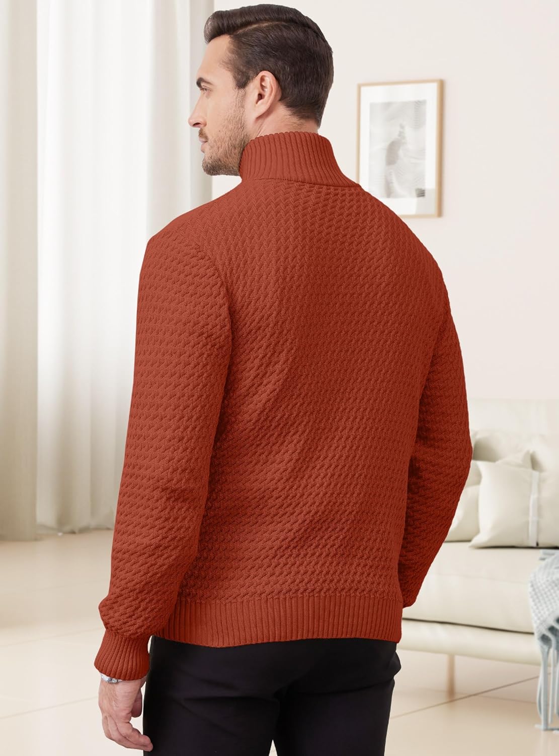 Men's Quarter Zip Sweater Mock Neck Pullover Ribbed Knit Casual Polo Sweaters-tidenox