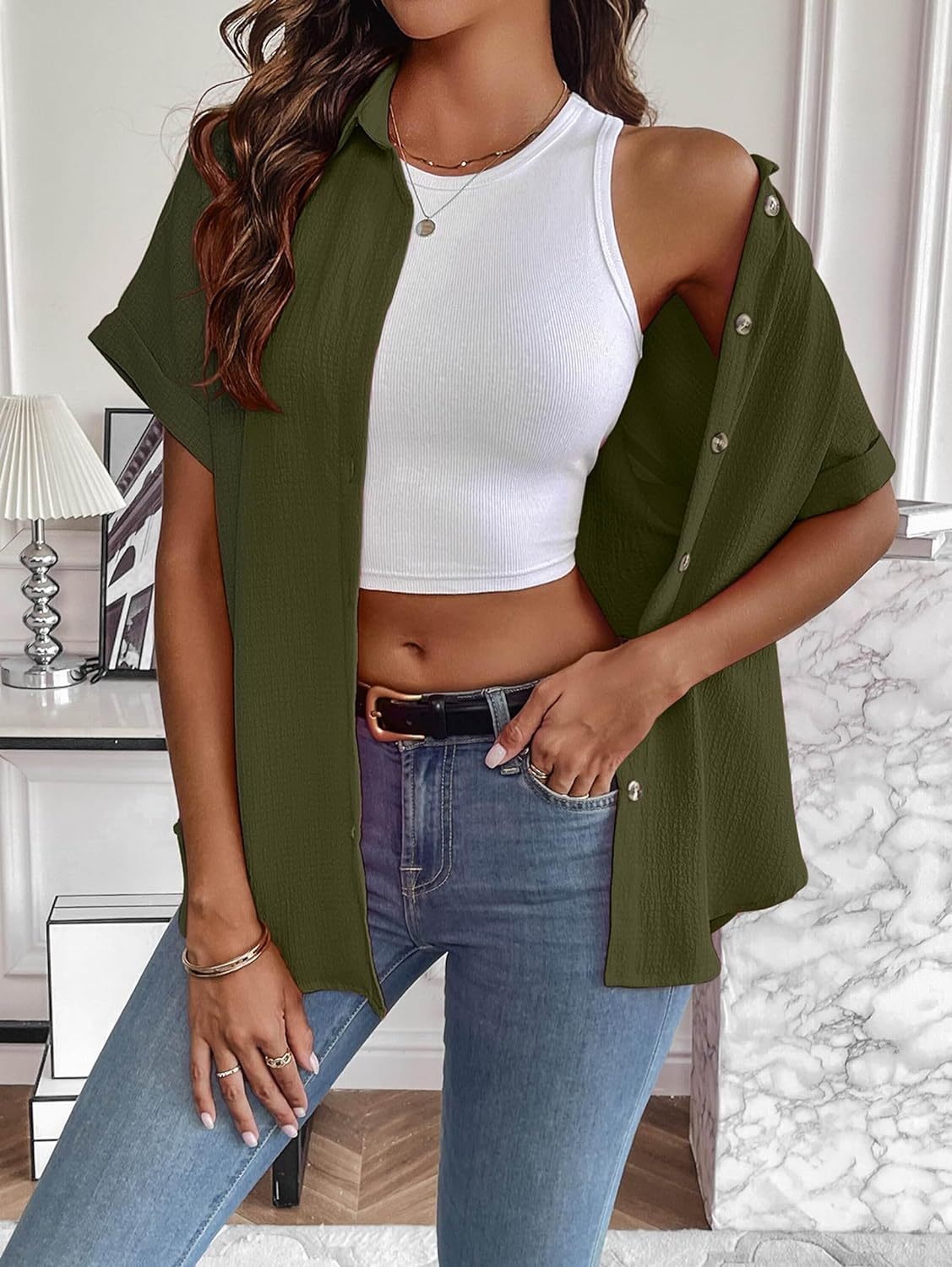 Zeagoo Short Sleeve Casual Roll-Up Cuffed Tops-tidenox