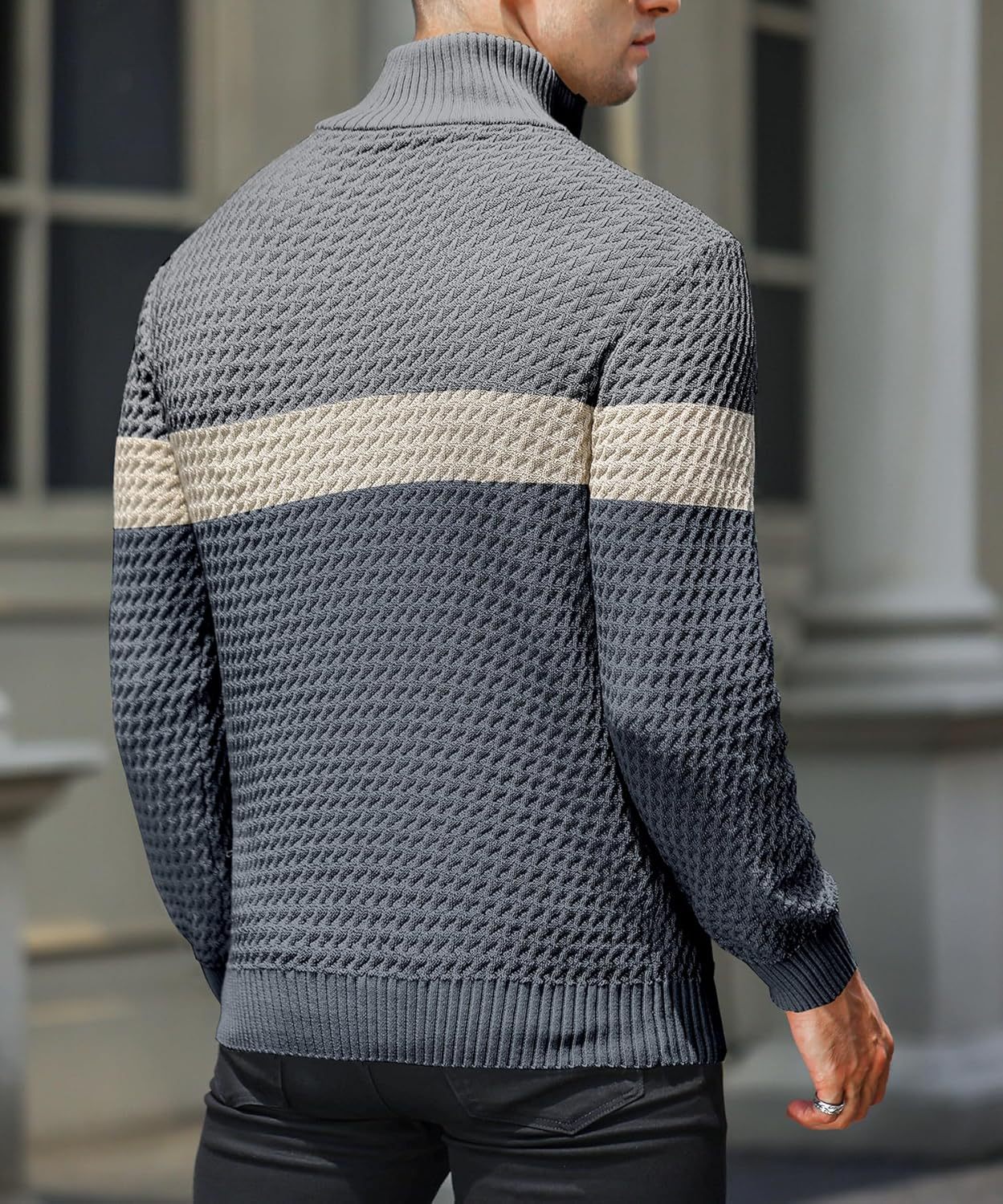 Men's Quarter Zip Sweater Mock Neck Pullover Ribbed Knit Casual Polo Sweaters-tidenox