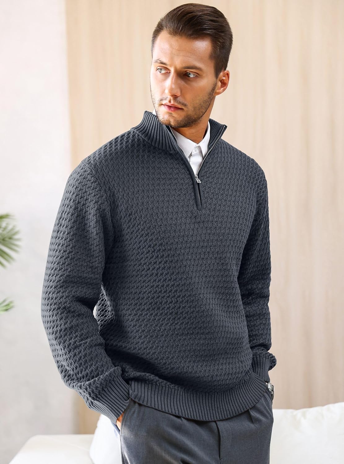 Men's Quarter Zip Sweater Mock Neck Pullover Ribbed Knit Casual Polo Sweaters-tidenox