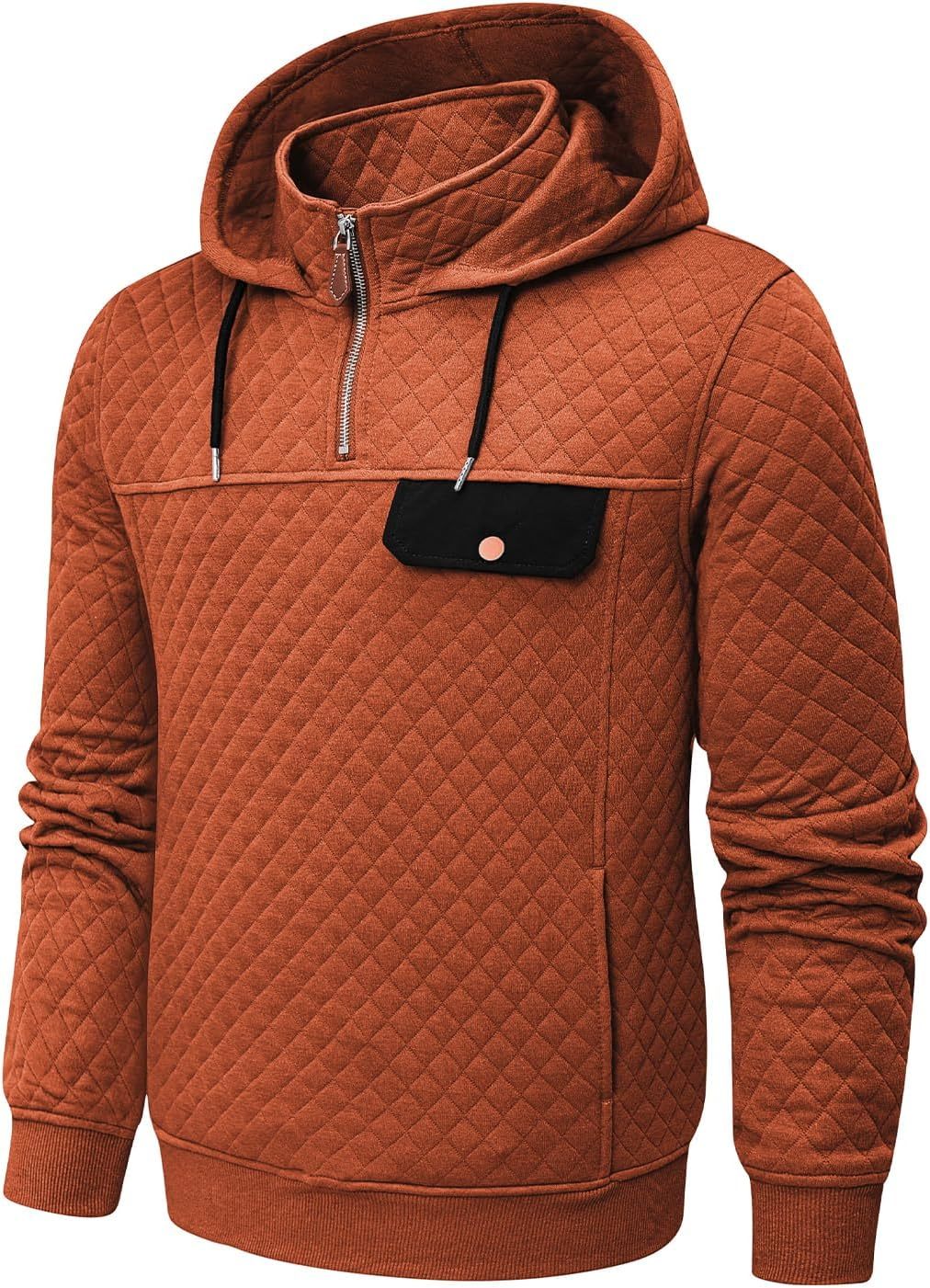 Men's Quilted Hoodies Casual Long Sleeve Quarter-Zip Pullover Sweatshirt with Pockets-tidenox