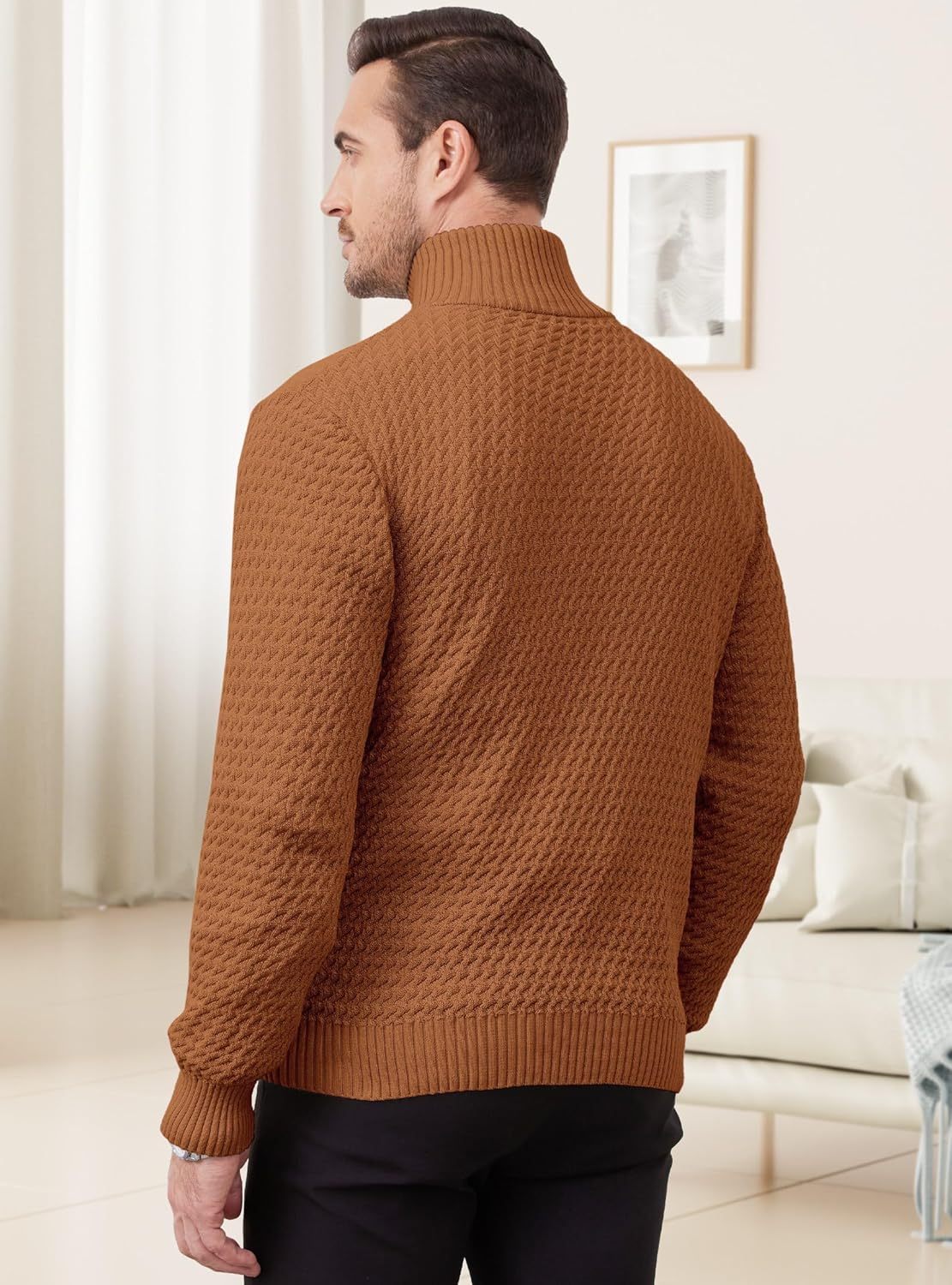 Men's Quarter Zip Sweater Mock Neck Pullover Ribbed Knit Casual Polo Sweaters-tidenox