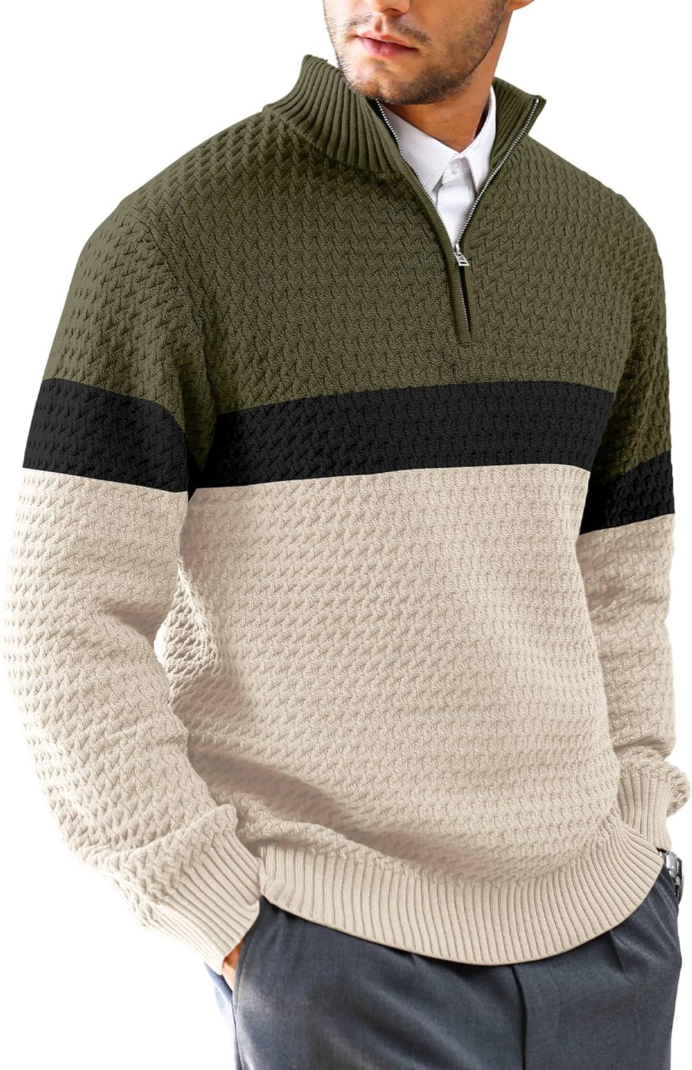Men's Quarter Zip Sweater Mock Neck Pullover Ribbed Knit Casual Polo Sweaters-tidenox
