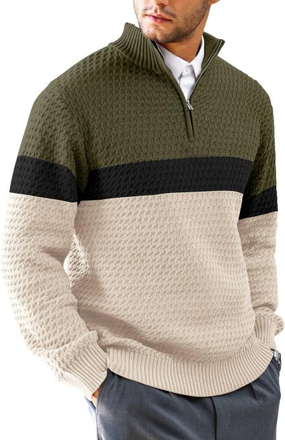 Men's Quarter Zip Sweater Mock Neck Pullover Ribbed Knit Casual Polo Sweaters-tidenox