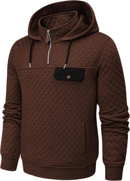 Men's Quilted Hoodies Casual Long Sleeve Quarter-Zip Pullover Sweatshirt with Pockets-tidenox