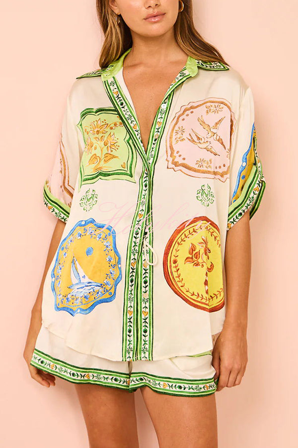 Tropical Escapes Satin Unique Print Shirt and Elastic Waist Pocketed Button Shorts Set-tidenox