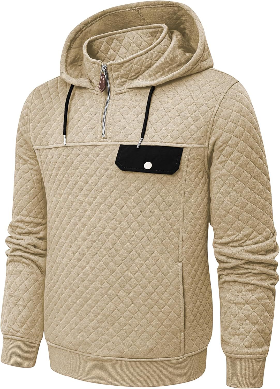 Men's Quilted Hoodies Casual Long Sleeve Quarter-Zip Pullover Sweatshirt with Pockets-tidenox