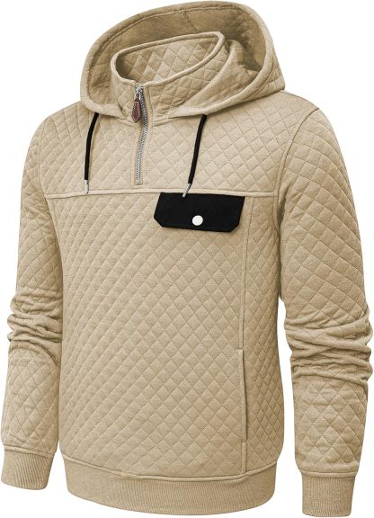 Men's Quilted Hoodies Casual Long Sleeve Quarter-Zip Pullover Sweatshirt with Pockets-tidenox
