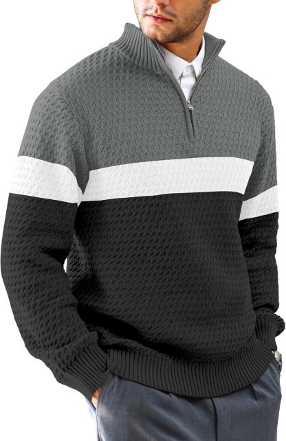 Men's Quarter Zip Sweater Mock Neck Pullover Ribbed Knit Casual Polo Sweaters-tidenox