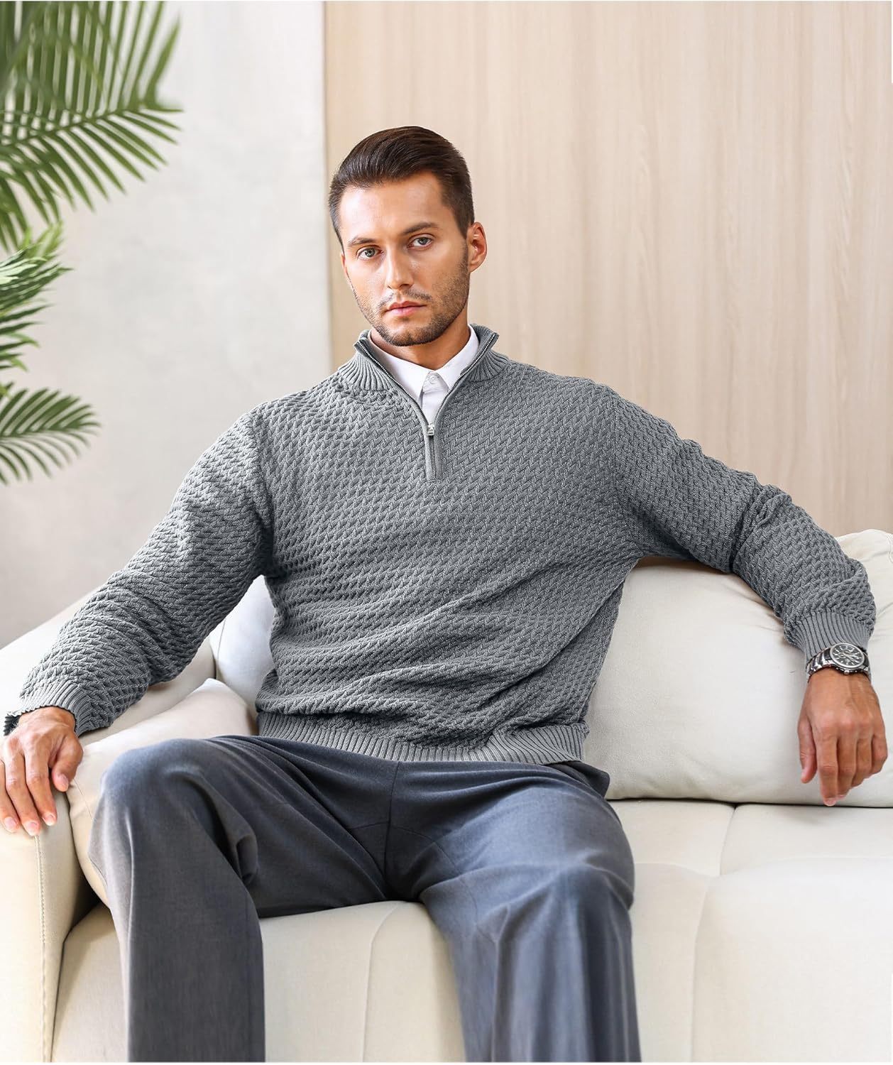 Men's Quarter Zip Sweater Mock Neck Pullover Ribbed Knit Casual Polo Sweaters-tidenox