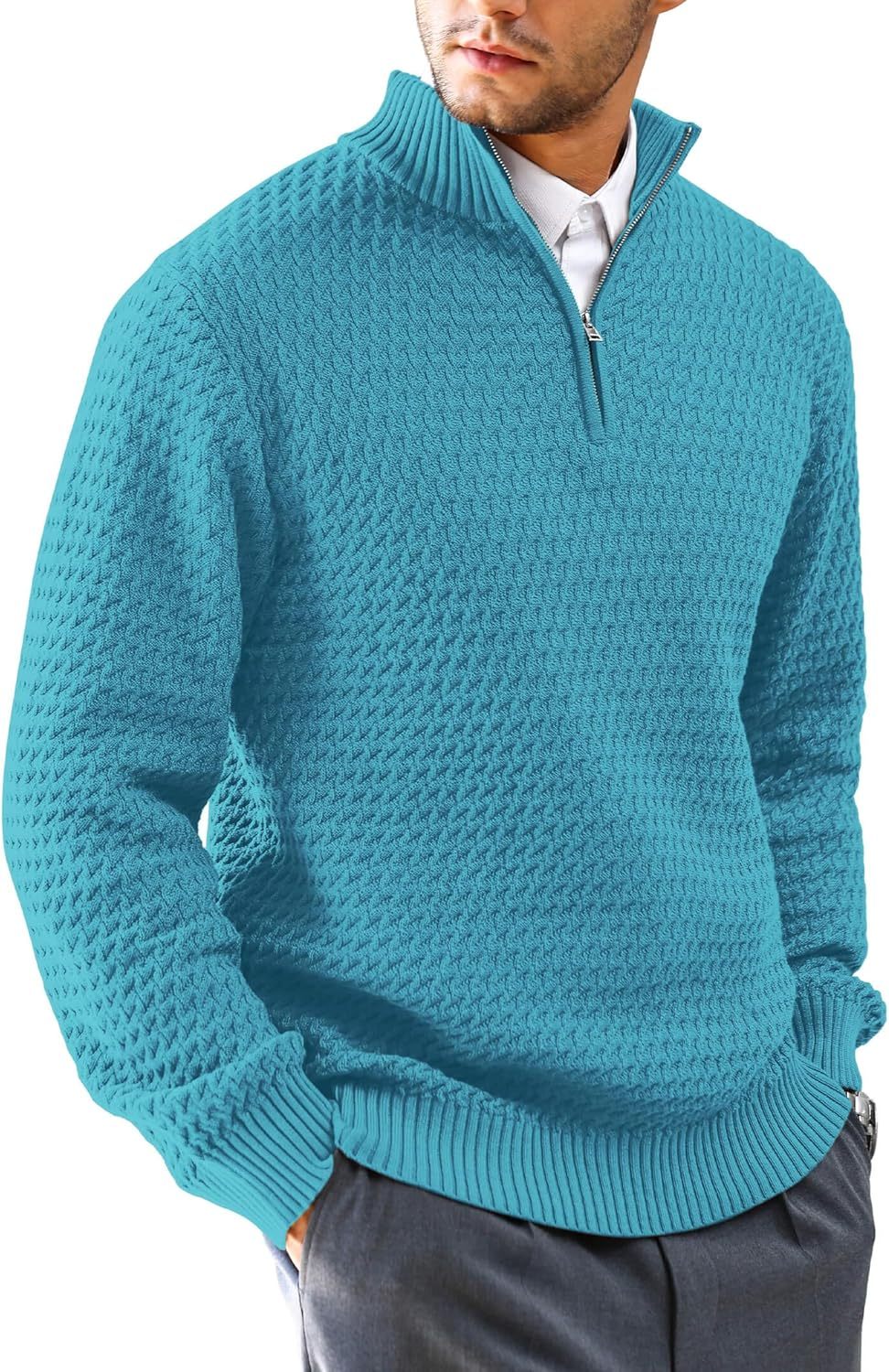 Men's Quarter Zip Sweater Mock Neck Pullover Ribbed Knit Casual Polo Sweaters-tidenox