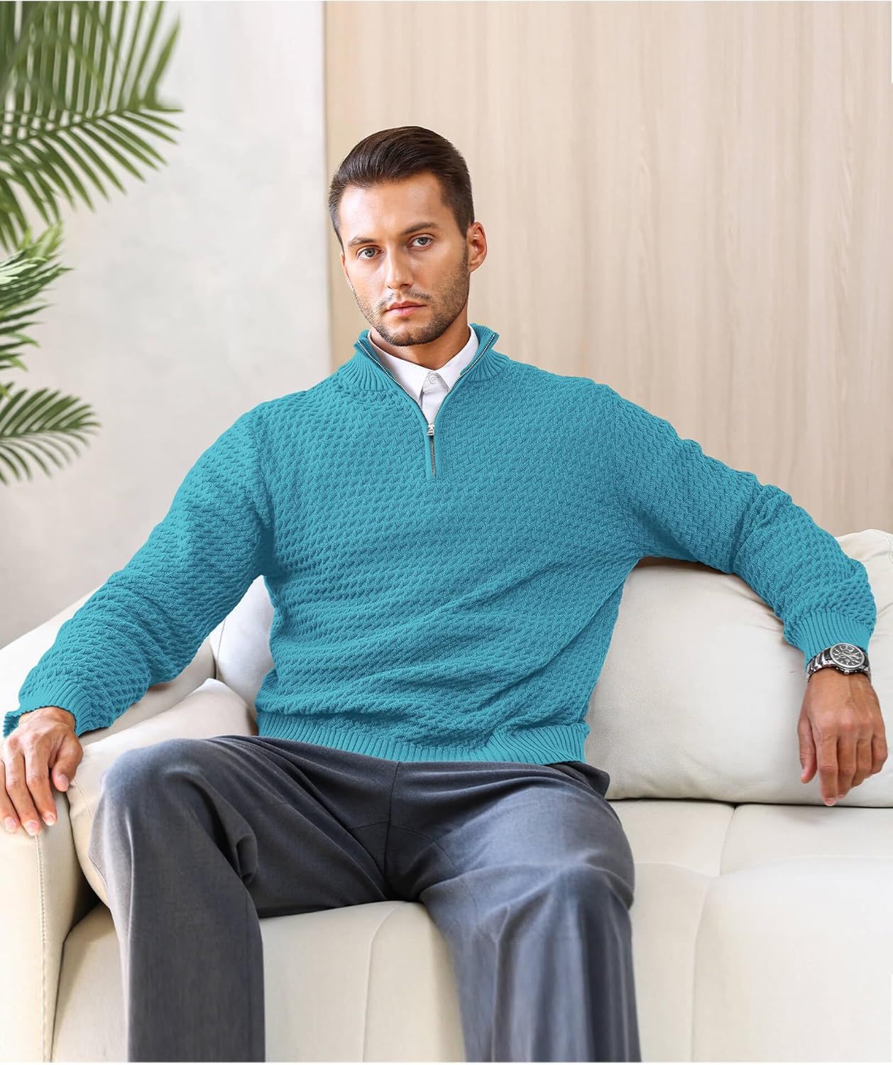 Men's Quarter Zip Sweater Mock Neck Pullover Ribbed Knit Casual Polo Sweaters-tidenox