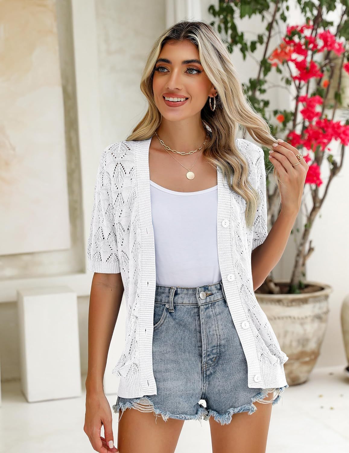 Zeagoo Short Sleeve Crochet Cardigan-tidenox