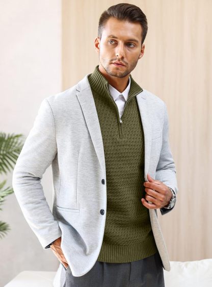 Men's Quarter Zip Sweater Mock Neck Pullover Ribbed Knit Casual Polo Sweaters-tidenox