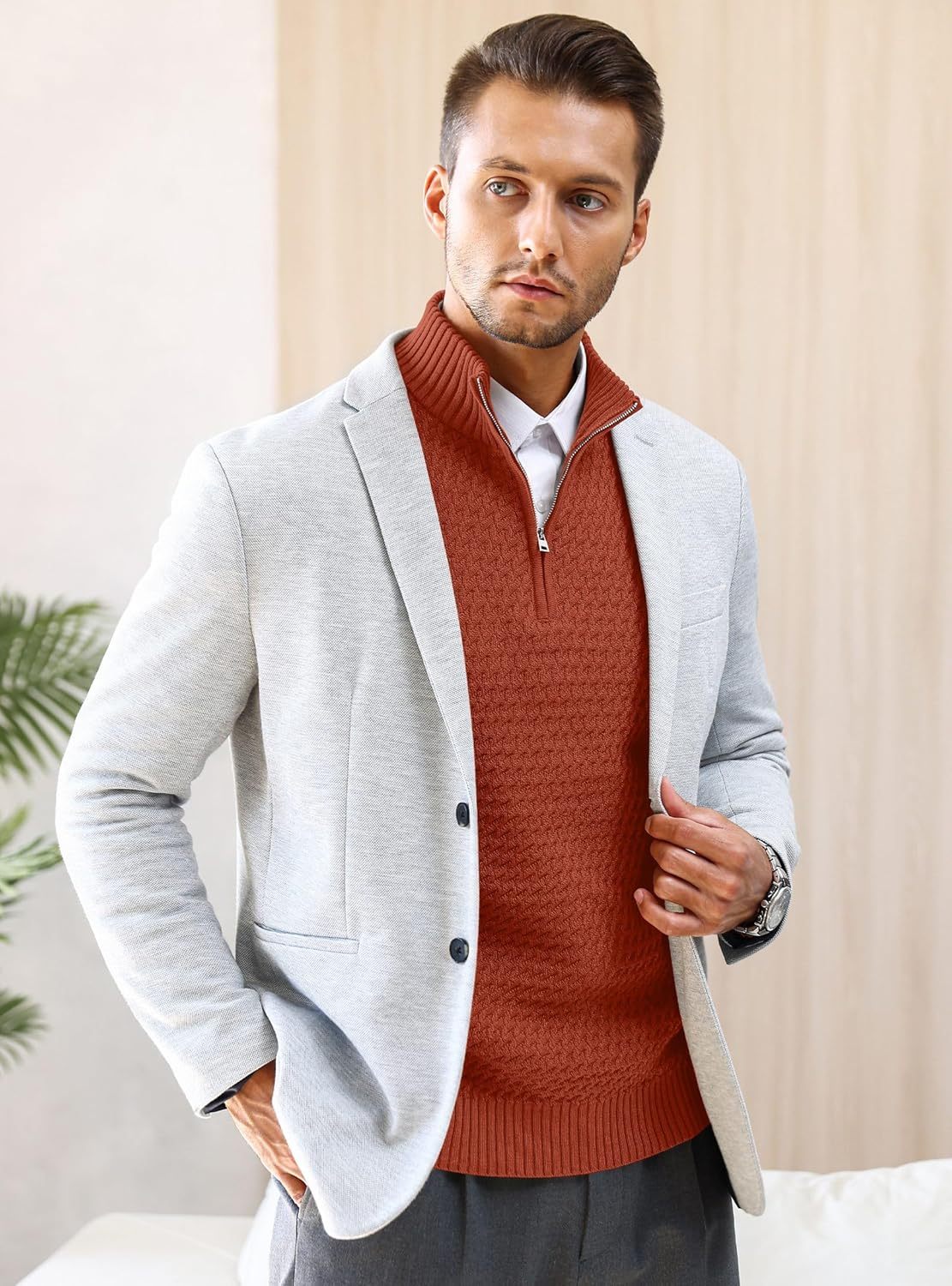 Men's Quarter Zip Sweater Mock Neck Pullover Ribbed Knit Casual Polo Sweaters-tidenox