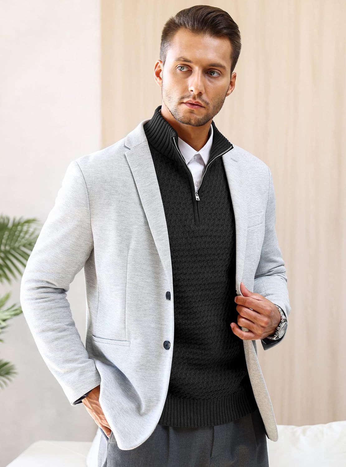 Men's Quarter Zip Sweater Mock Neck Pullover Ribbed Knit Casual Polo Sweaters-tidenox