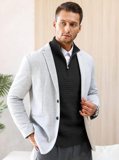 Men's Quarter Zip Sweater Mock Neck Pullover Ribbed Knit Casual Polo Sweaters-tidenox