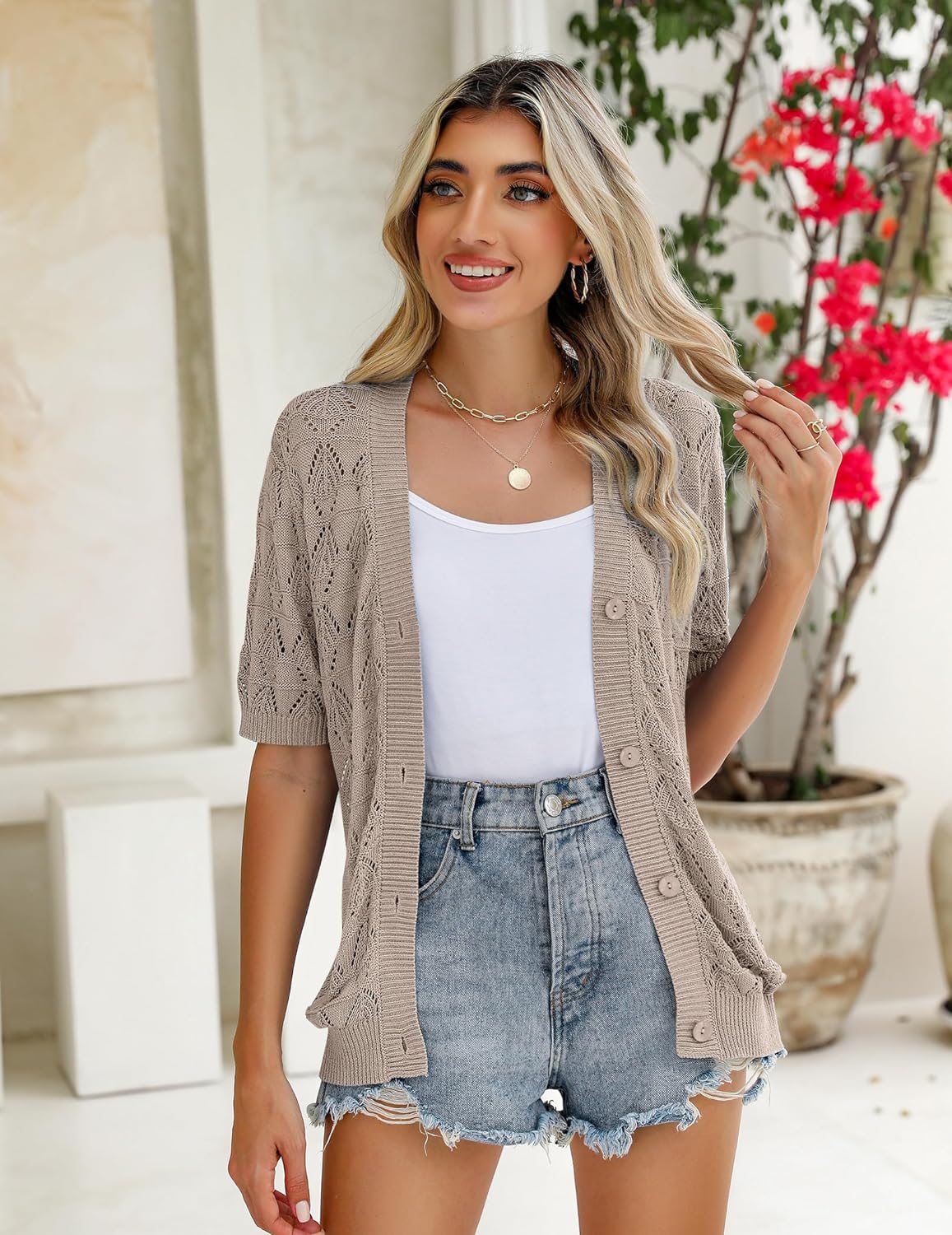 Zeagoo Short Sleeve Crochet Cardigan-tidenox
