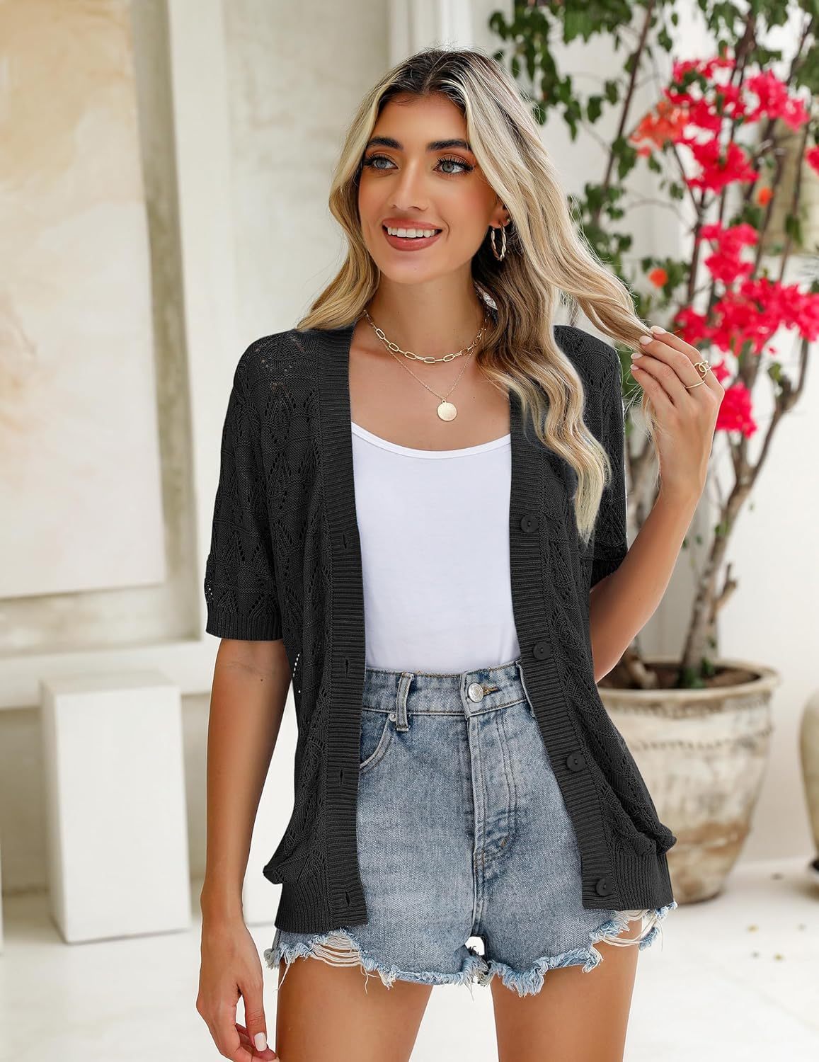 Zeagoo Short Sleeve Crochet Cardigan-tidenox