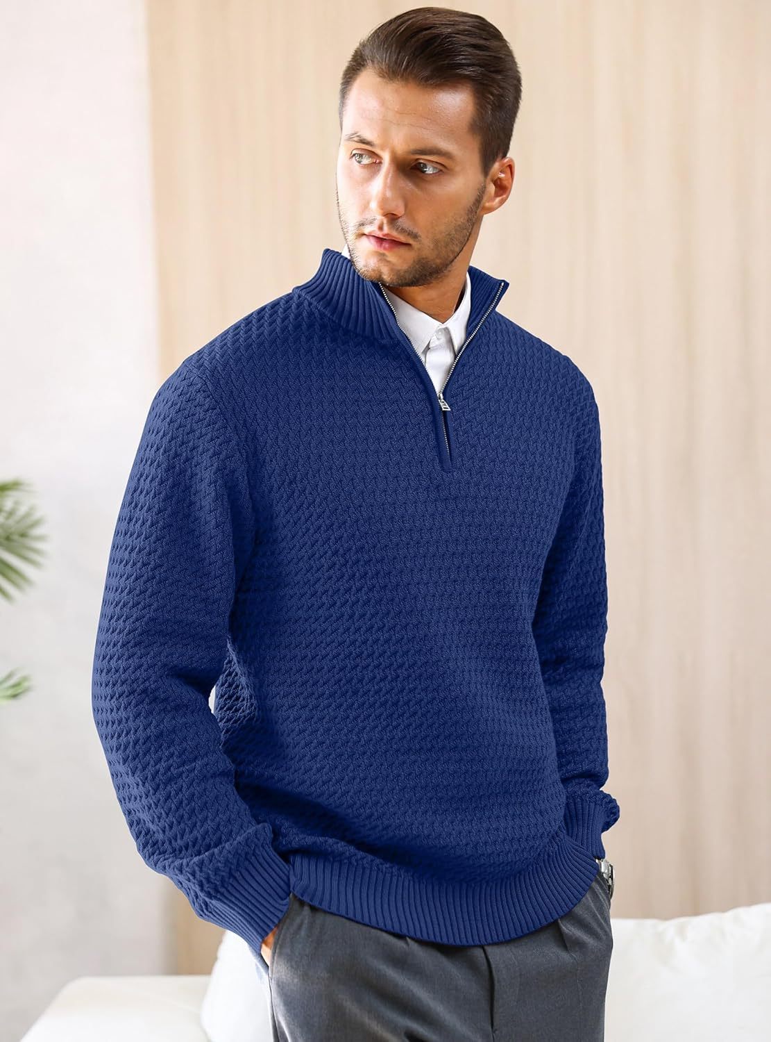 Men's Quarter Zip Sweater Mock Neck Pullover Ribbed Knit Casual Polo Sweaters-tidenox