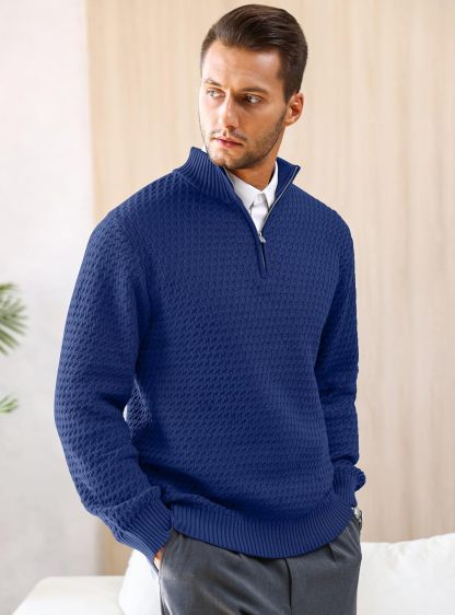 Men's Quarter Zip Sweater Mock Neck Pullover Ribbed Knit Casual Polo Sweaters-tidenox