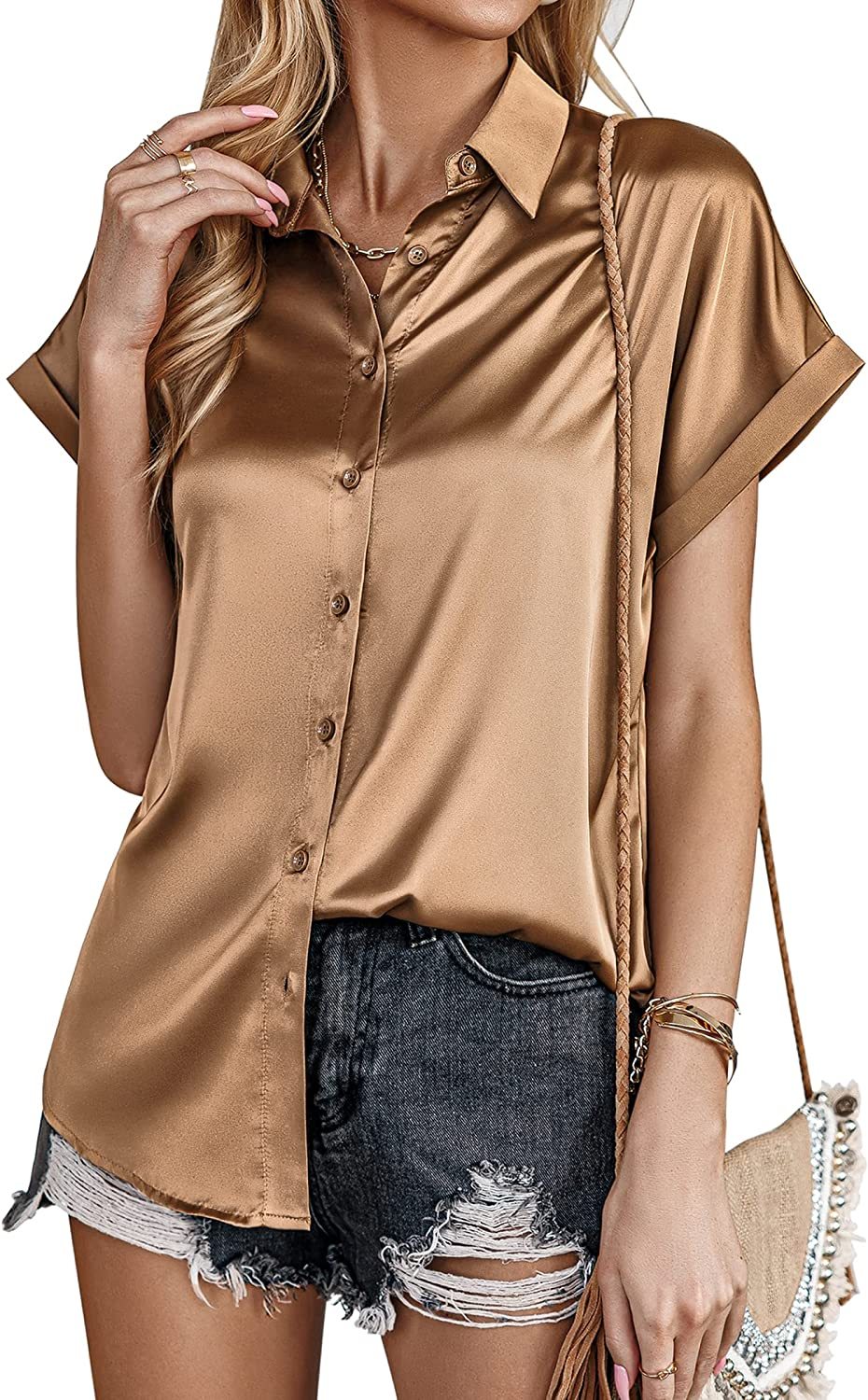 Silk Blouse for Women Short Sleeve Satin Button Down Shirts Casual Loose V-Neck Business Work Tunic Top - Zeagoo (Us Only)-tidenox