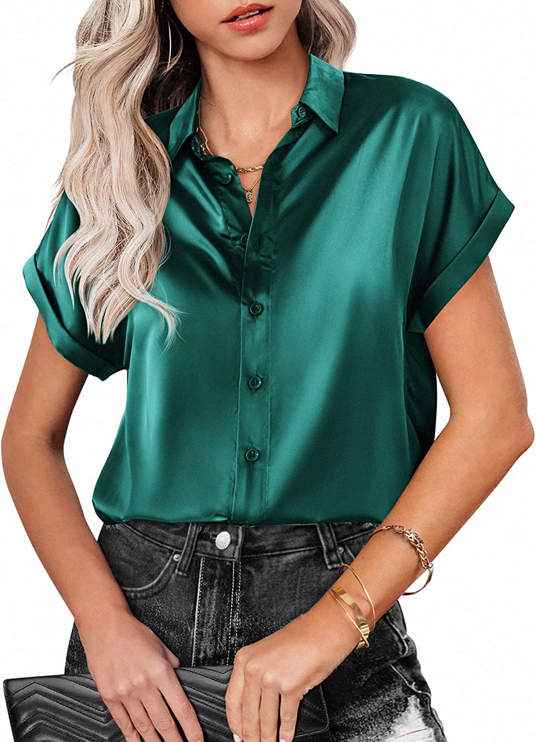 Silk Blouse for Women Short Sleeve Satin Button Down Shirts Casual Loose V-Neck Business Work Tunic Top - Zeagoo (Us Only)-tidenox