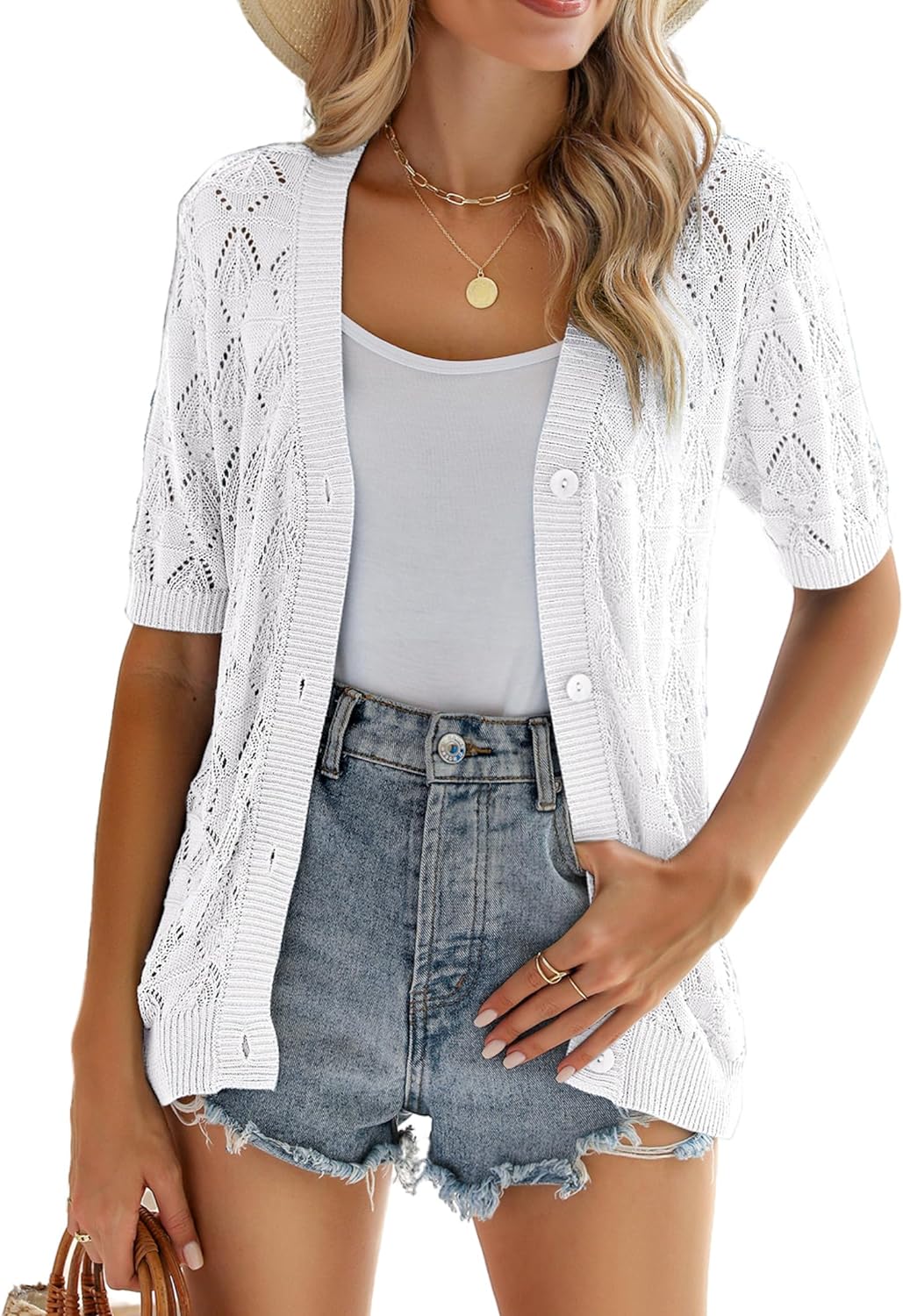 Zeagoo Short Sleeve Crochet Cardigan-tidenox