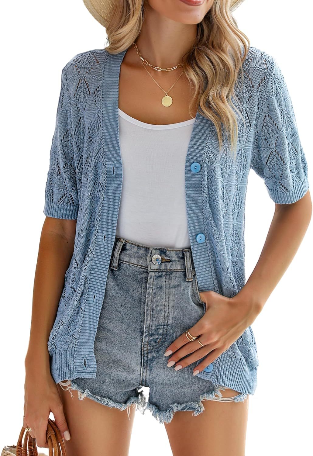 Zeagoo Short Sleeve Crochet Cardigan-tidenox