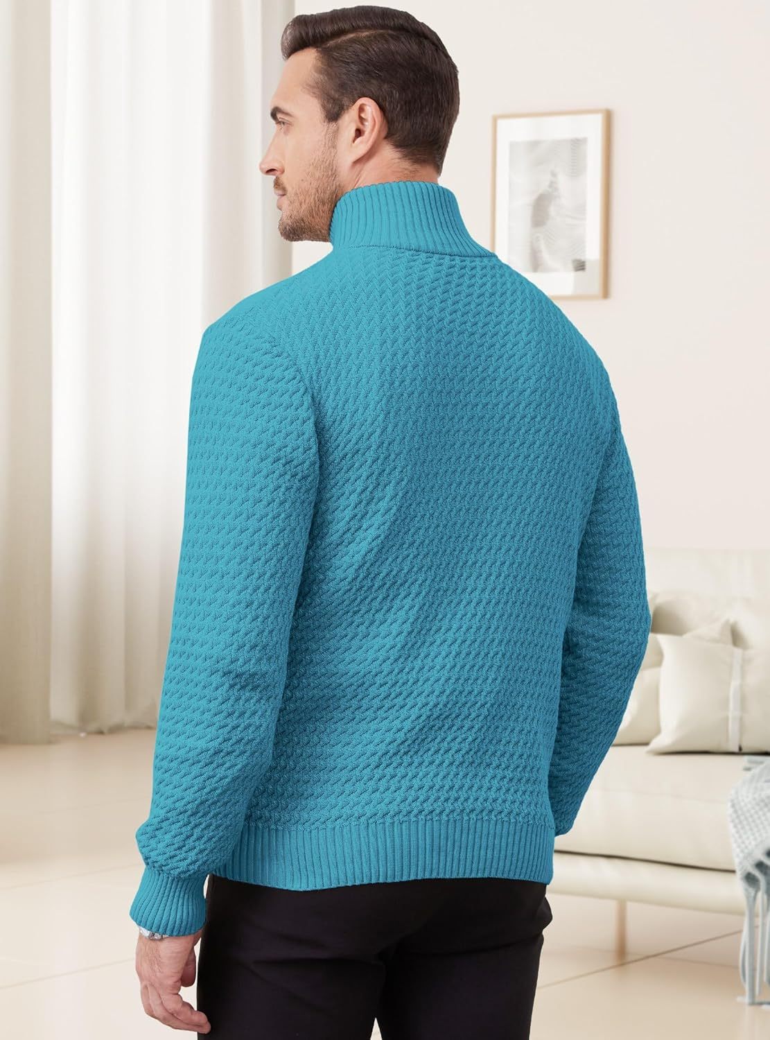 Men's Quarter Zip Sweater Mock Neck Pullover Ribbed Knit Casual Polo Sweaters-tidenox