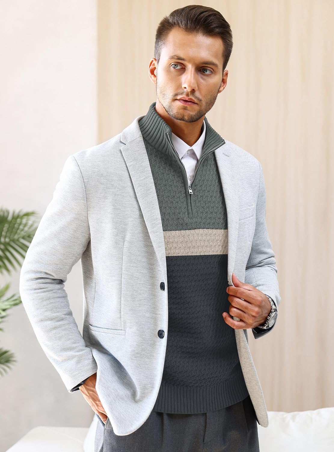 Men's Quarter Zip Sweater Mock Neck Pullover Ribbed Knit Casual Polo Sweaters-tidenox