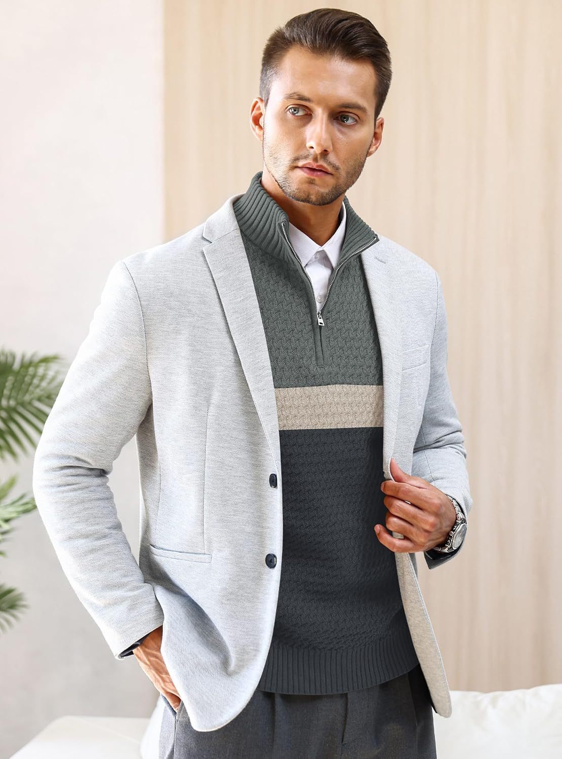 Men's Quarter Zip Sweater Mock Neck Pullover Ribbed Knit Casual Polo Sweaters-tidenox