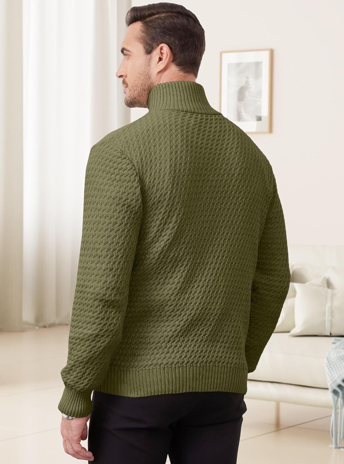 Men's Quarter Zip Sweater Mock Neck Pullover Ribbed Knit Casual Polo Sweaters-tidenox