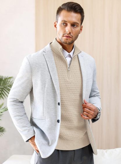 Men's Quarter Zip Sweater Mock Neck Pullover Ribbed Knit Casual Polo Sweaters-tidenox