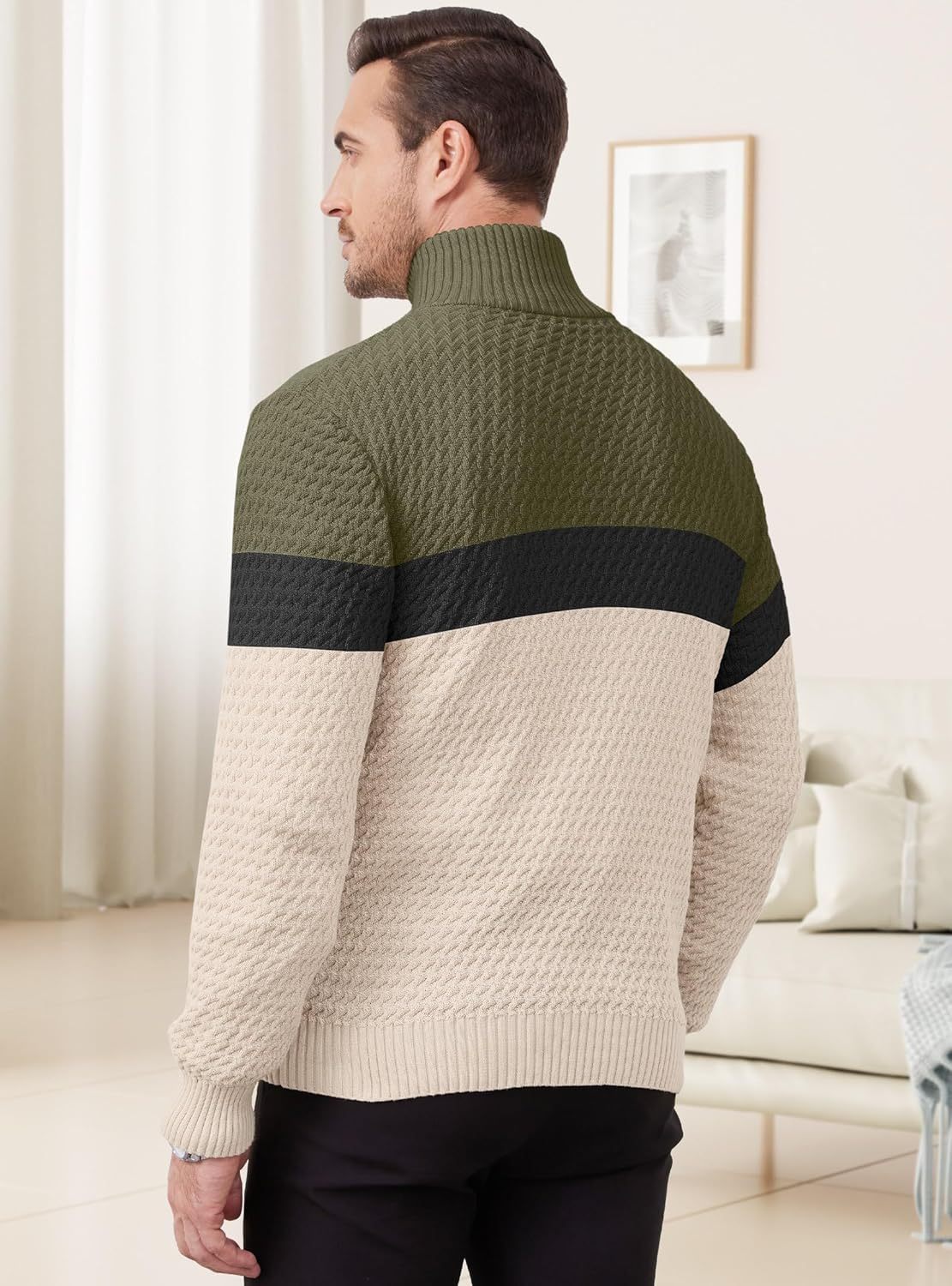 Men's Quarter Zip Sweater Mock Neck Pullover Ribbed Knit Casual Polo Sweaters-tidenox