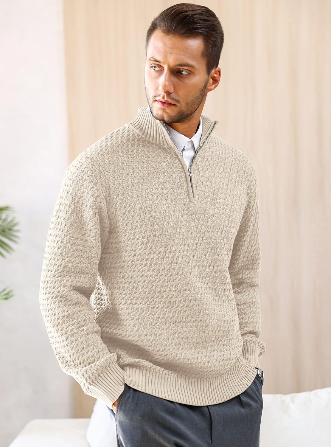 Men's Quarter Zip Sweater Mock Neck Pullover Ribbed Knit Casual Polo Sweaters-tidenox