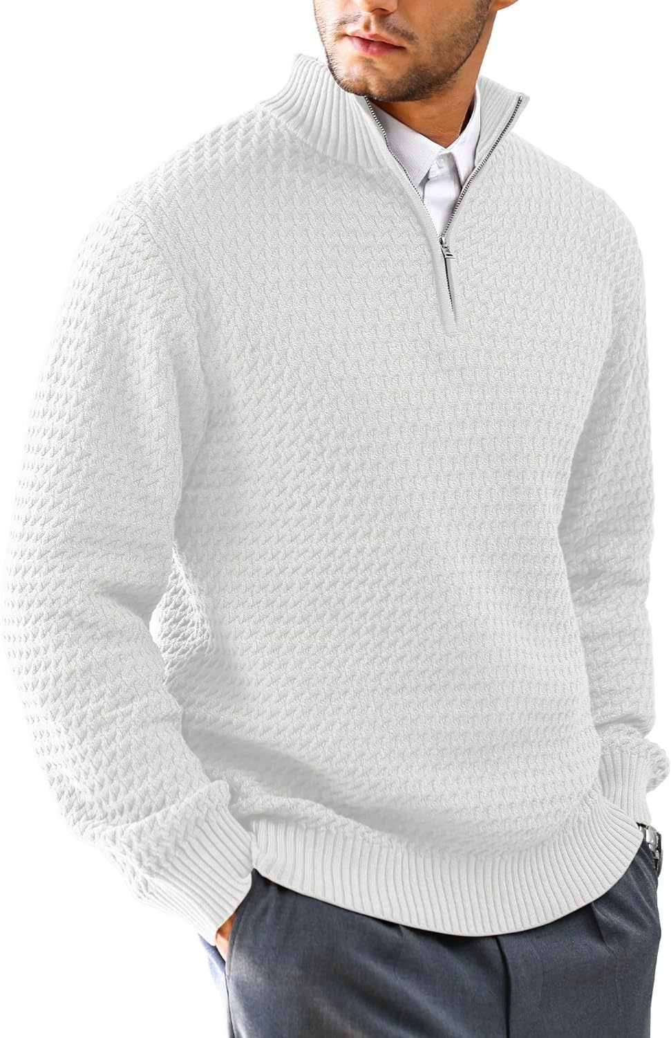 Men's Quarter Zip Sweater Mock Neck Pullover Ribbed Knit Casual Polo Sweaters-tidenox