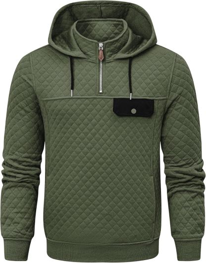 Men's Quilted Hoodies Casual Long Sleeve Quarter-Zip Pullover Sweatshirt with Pockets-tidenox